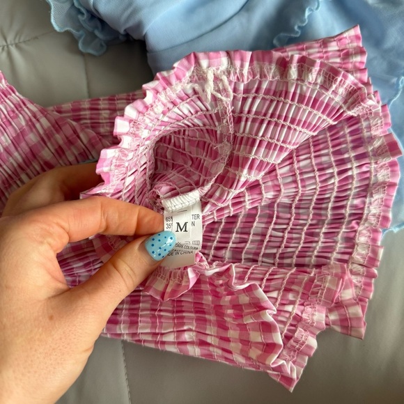 SHEIN Red, Pink, and Blue Bandeau Crop Tops Gingham Lace Ruffle Tops Bundle - Picture 6 of 12